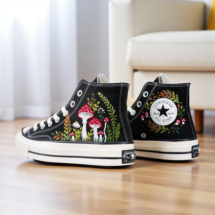 Converse Mushrooms Embroidered High-Top Shoes with Colorful Botanical Designs