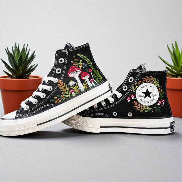 Converse Mushrooms Embroidered Shoes featuring colorful mushroom designs and classic black canvas