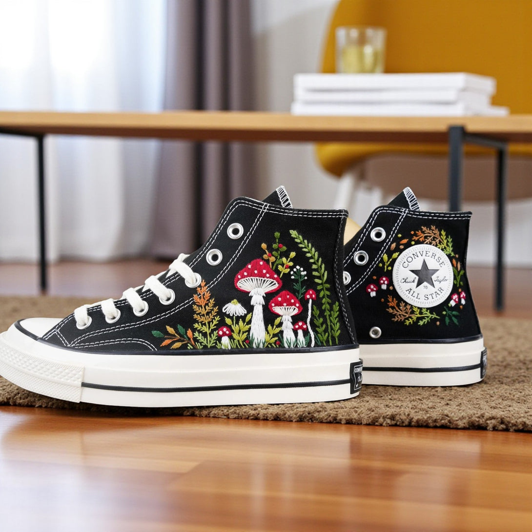 Converse Mushrooms high-top shoes with vibrant embroidered mushroom designs and classic Chuck Taylor style