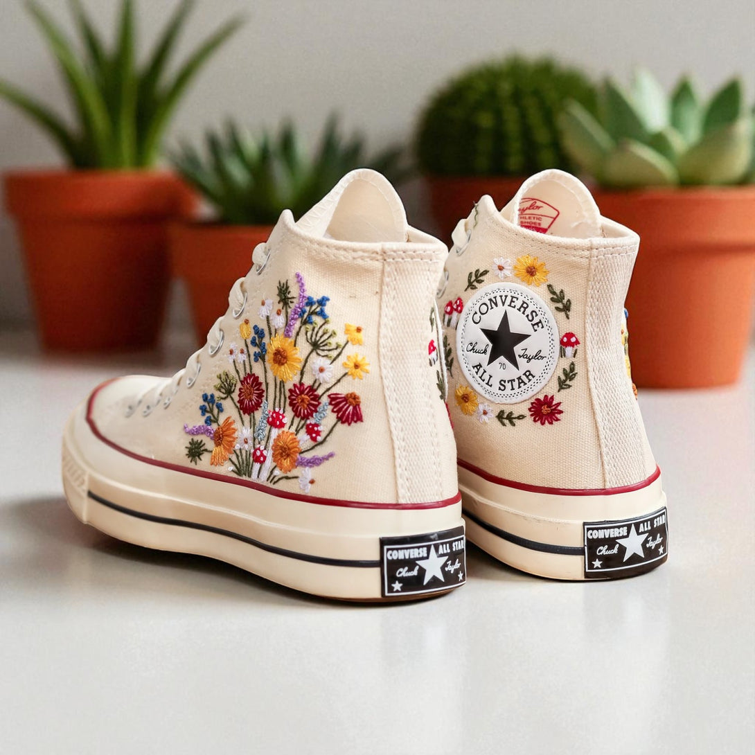 Stitchery Zone cream canvas high top Mushrooms Embroidered Sneakers with colorful floral and mushroom embroidery on sides
