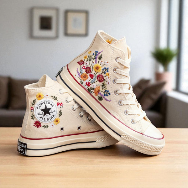 Stitchery Zone Mushrooms Embroidered Sneakers beige high top canvas shoes with floral and mushroom embroidery