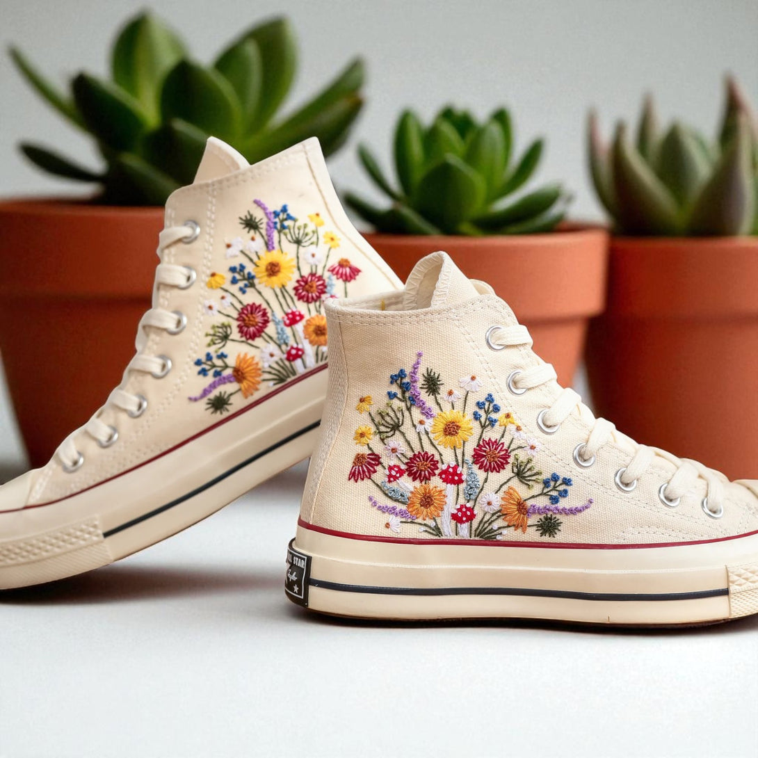 Stitchery Zone Mushrooms Embroidered Sneakers cream high top canvas with colorful floral embroidery