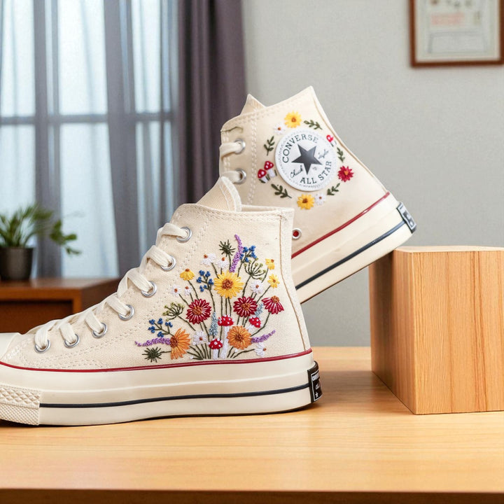 Stitchery Zone Mushrooms Embroidered Sneakers high top canvas shoes with colorful floral and mushroom embroidery
