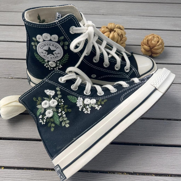 Stitchery Zone black embroidered high top canvas shoes with white floral detail Personalized Bridal Sneaker