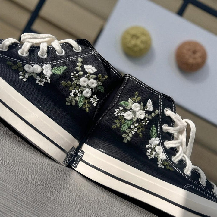 Stitchery Zone embroidered black canvas high top Personalized Bridal Sneaker with white floral roses and greenery