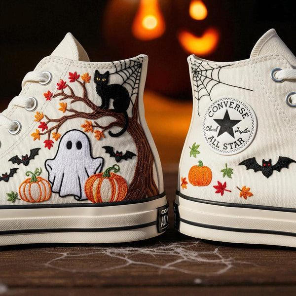 Pumpkin Embroidered Converse white high top shoes with Halloween ghost pumpkin cat bat spiderweb embroidery