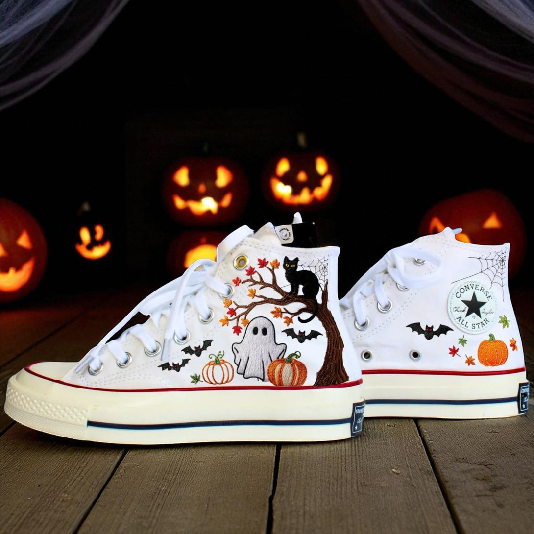 Pumpkin Embroidered Converse white high top shoes with Halloween embroidery of ghost cat pumpkins bats and leaves