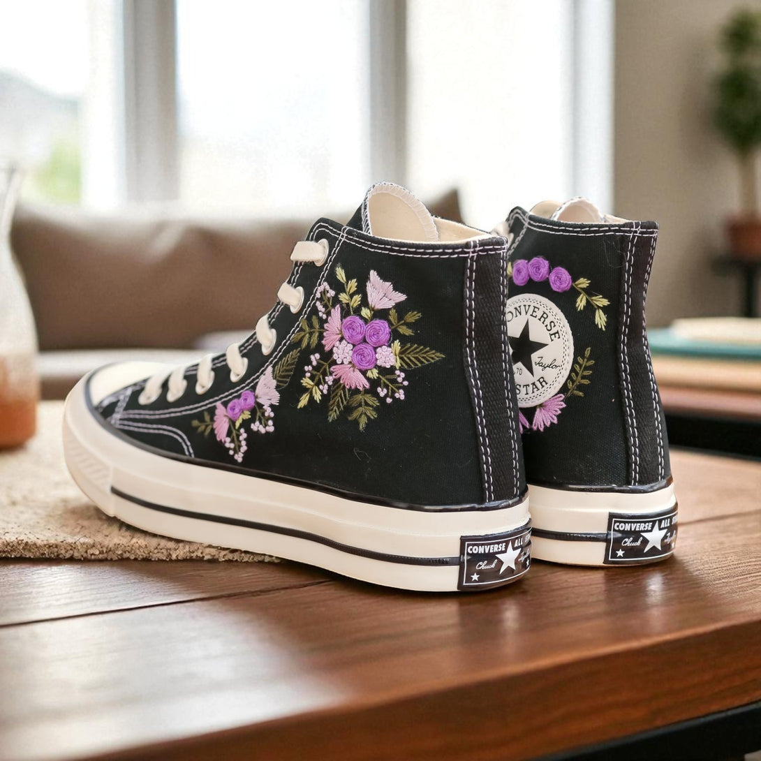 Converse black high top canvas sneakers Purple Flowers Embroidered Shoes Women with purple floral stitch