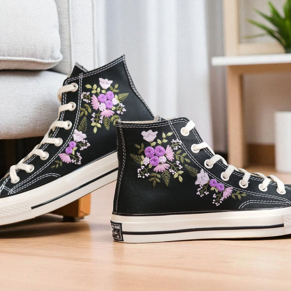 Converse black high top canvas sneakers with purple floral embroidery Purple Flowers Embroidered Shoes Women white rubber sole