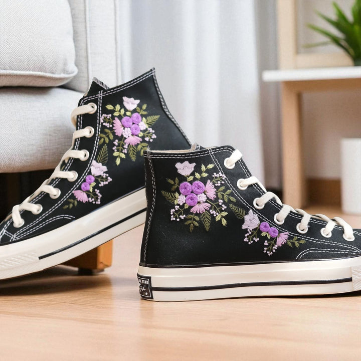 Converse black high top canvas sneakers with purple floral embroidery Purple Flowers Embroidered Shoes Women white rubber sole