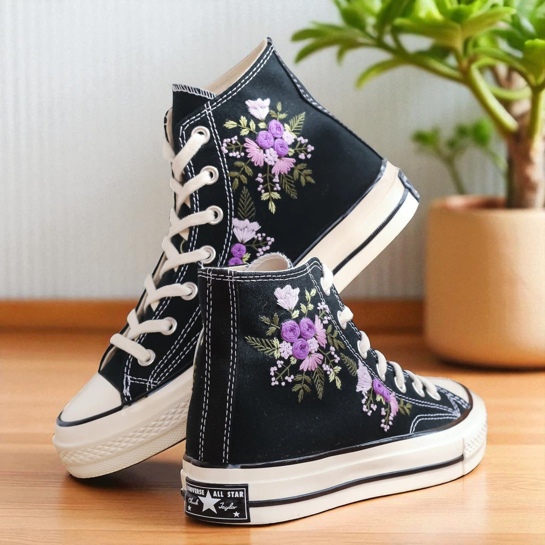 Converse black high top canvas sneakers with purple floral embroidery Purple Flowers Embroidered Shoes Women