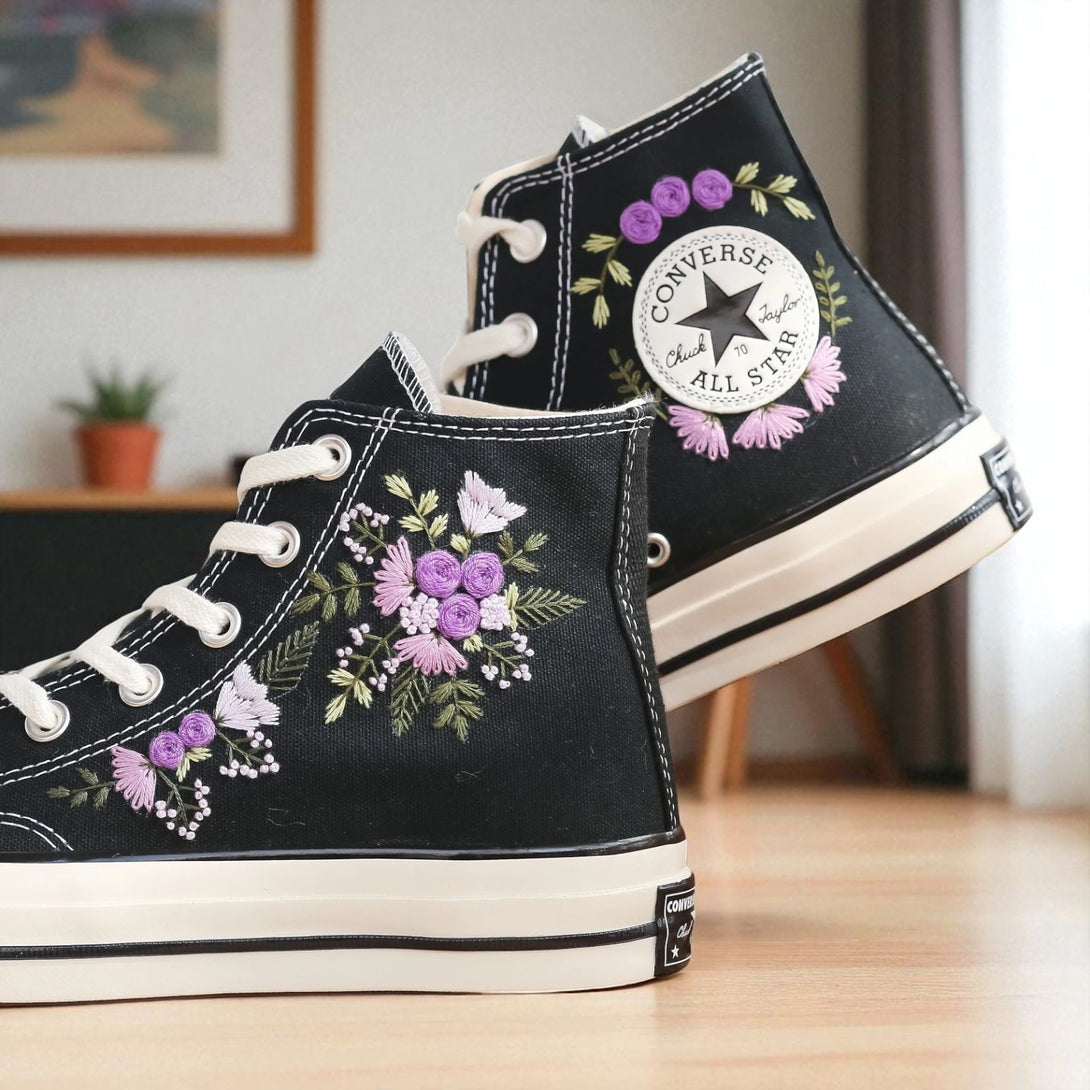 Converse black high top Purple Flowers Embroidered Shoes Women with purple and pink floral embroidery and white sole