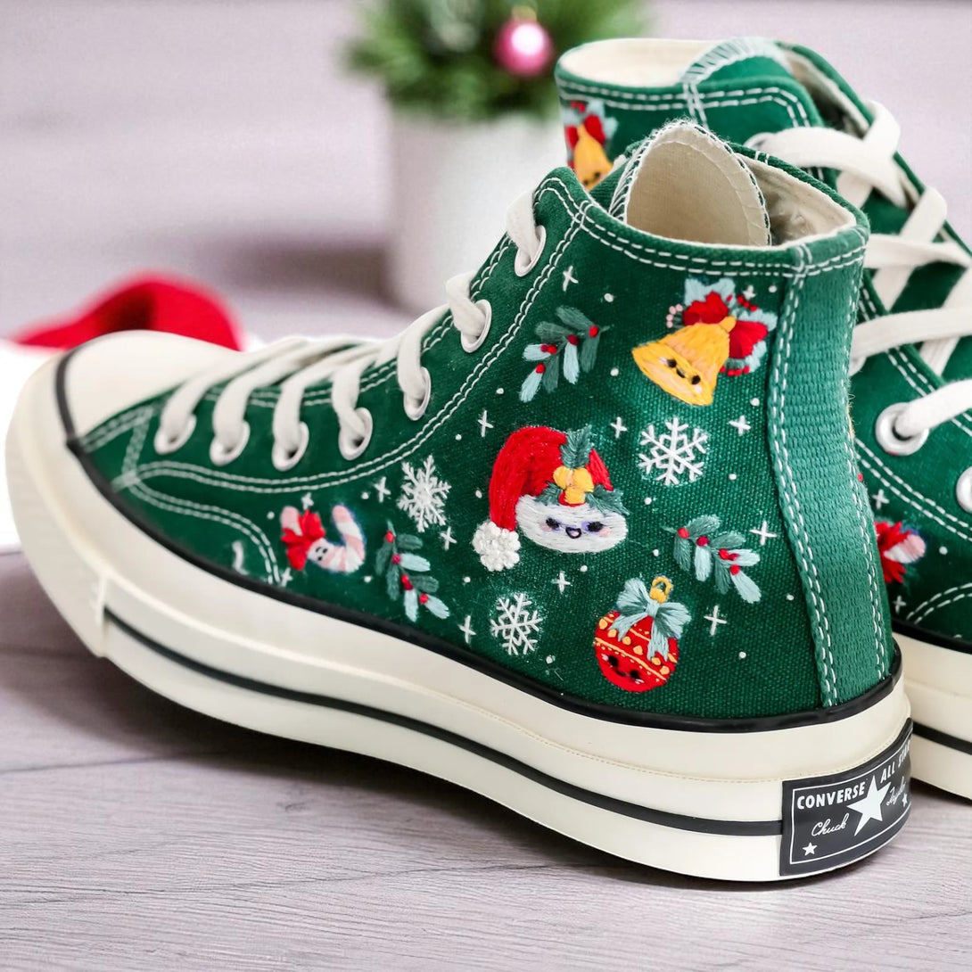 Converse green high top canvas Santa Claus and Reindeer Embroidered Shoes with white laces and festive holiday motifs