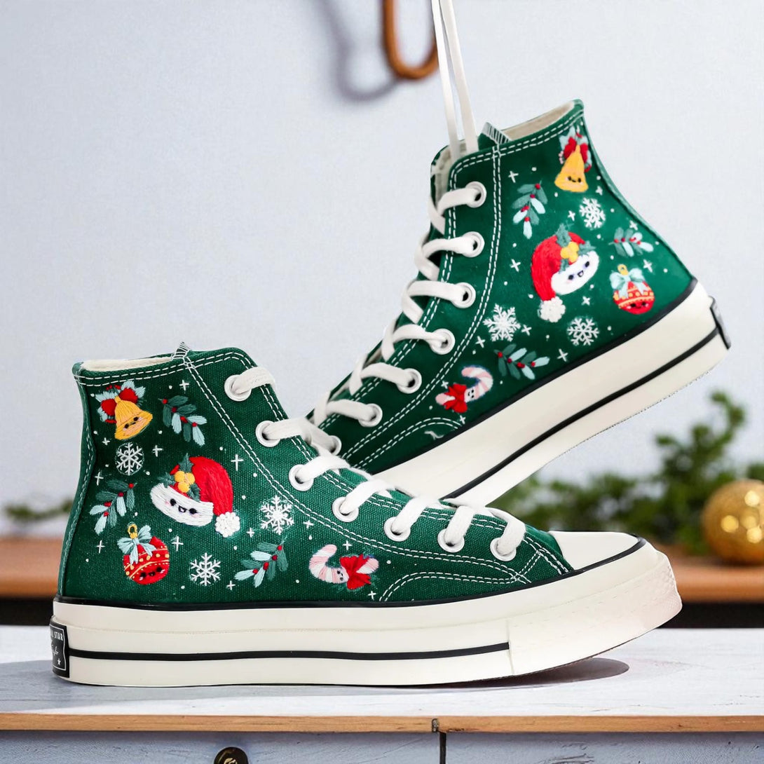 Converse green high top Santa Claus and Reindeer Embroidered Shoes with festive snowflake and ornament designs