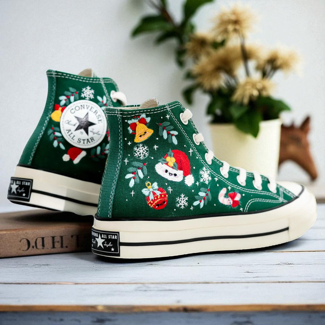 Converse green high top Santa Claus and Reindeer Embroidered Shoes with festive Christmas embroidery