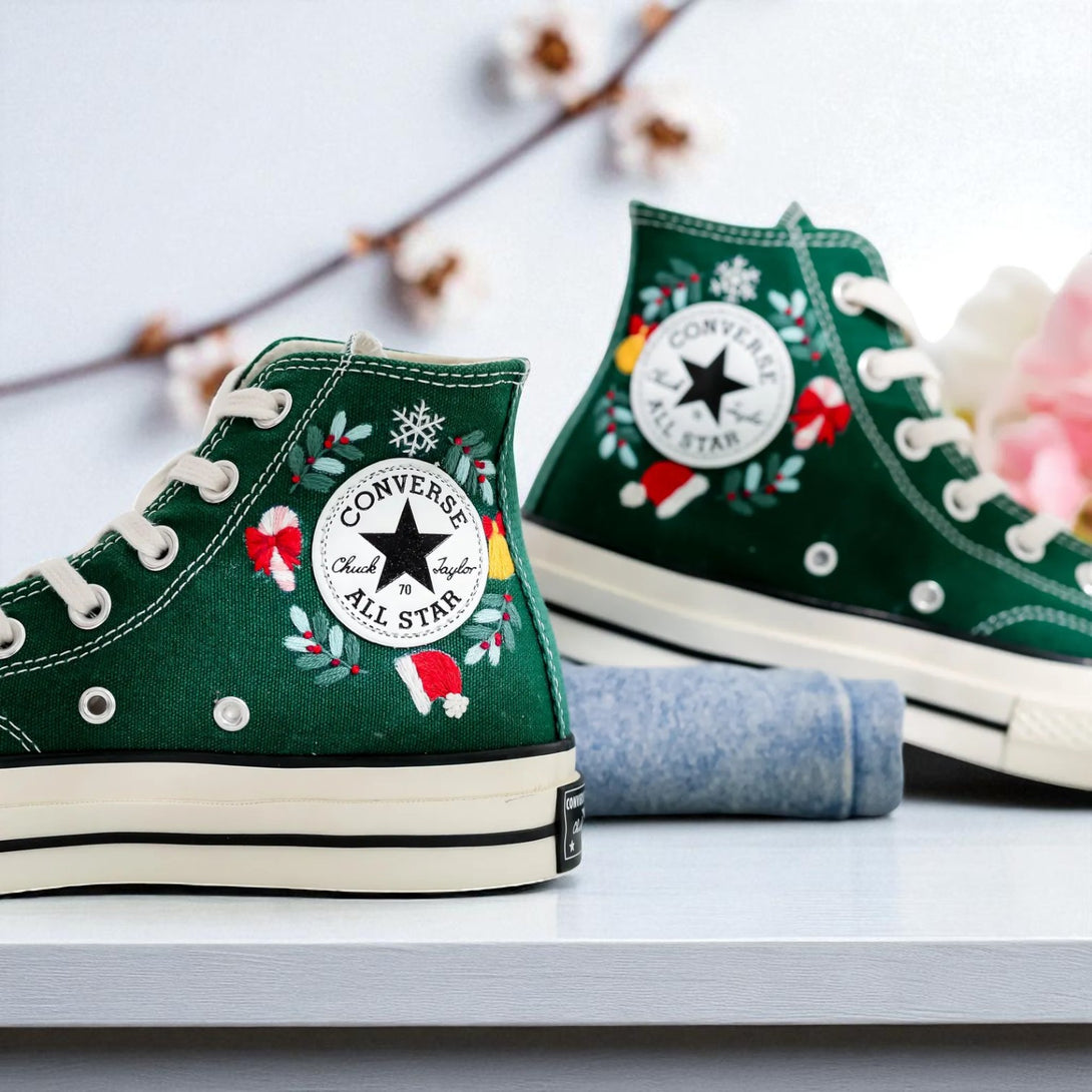 Converse green high top Santa Claus and Reindeer Embroidered Shoes with holiday wreath and snowflake details