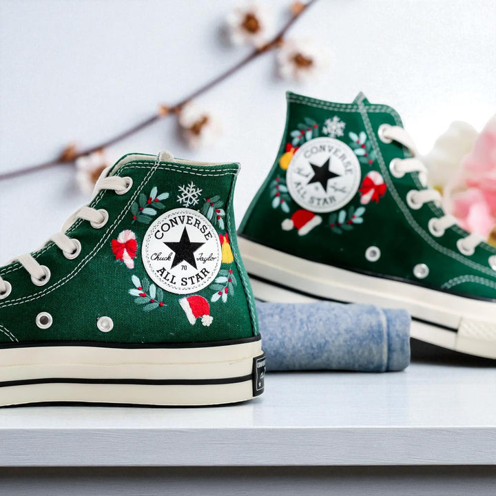 Converse green high top Santa Claus and Reindeer Embroidered Shoes with holiday wreath and snowflake details