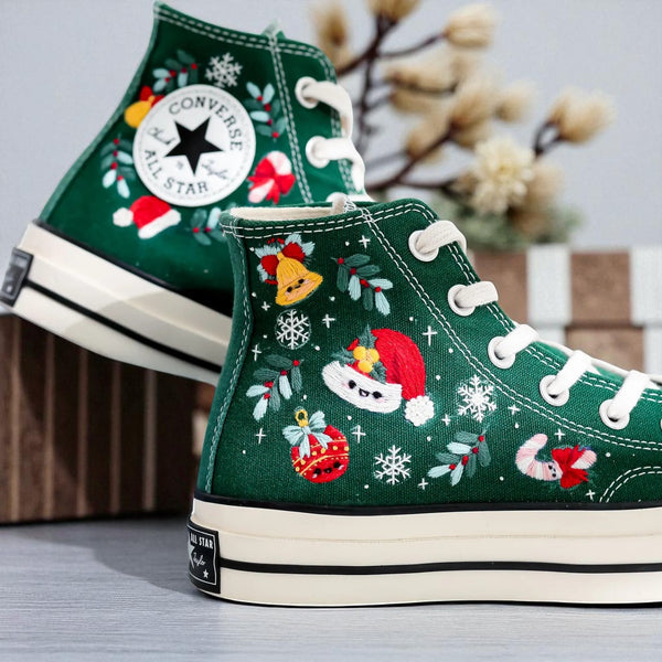 Converse green high top canvas Santa Claus and Reindeer Embroidered Shoes with festive holiday embroidery