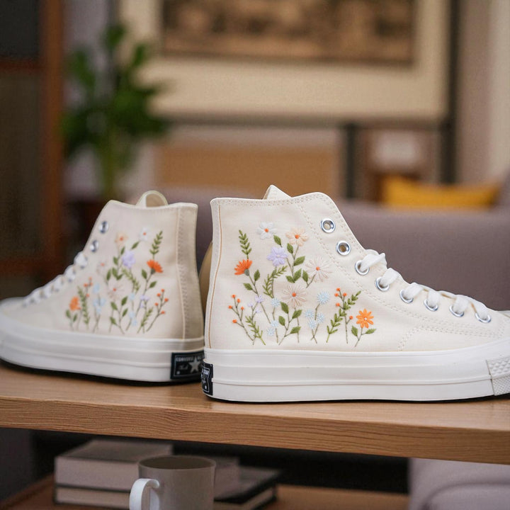 Stitchery Zone embroidered shoes for wedding ladies featuring floral design on white high-top sneakers