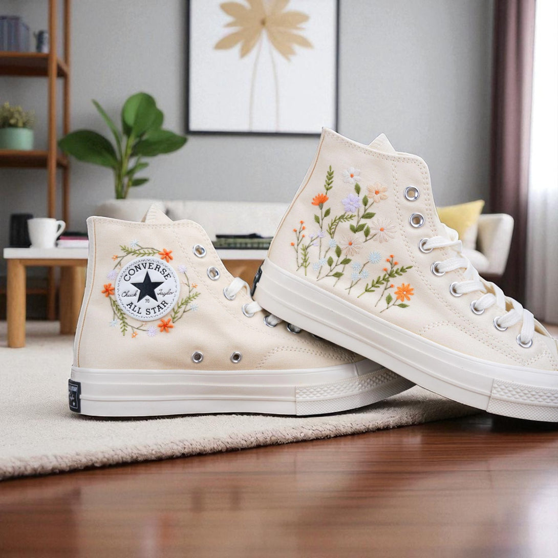 Stitchery Zone embroidered shoes for wedding ladies with floral designs on white high-top sneakers