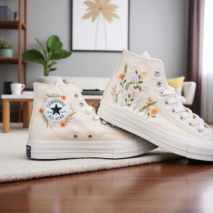 Stitchery Zone embroidered shoes for wedding ladies with floral designs on white high-top sneakers