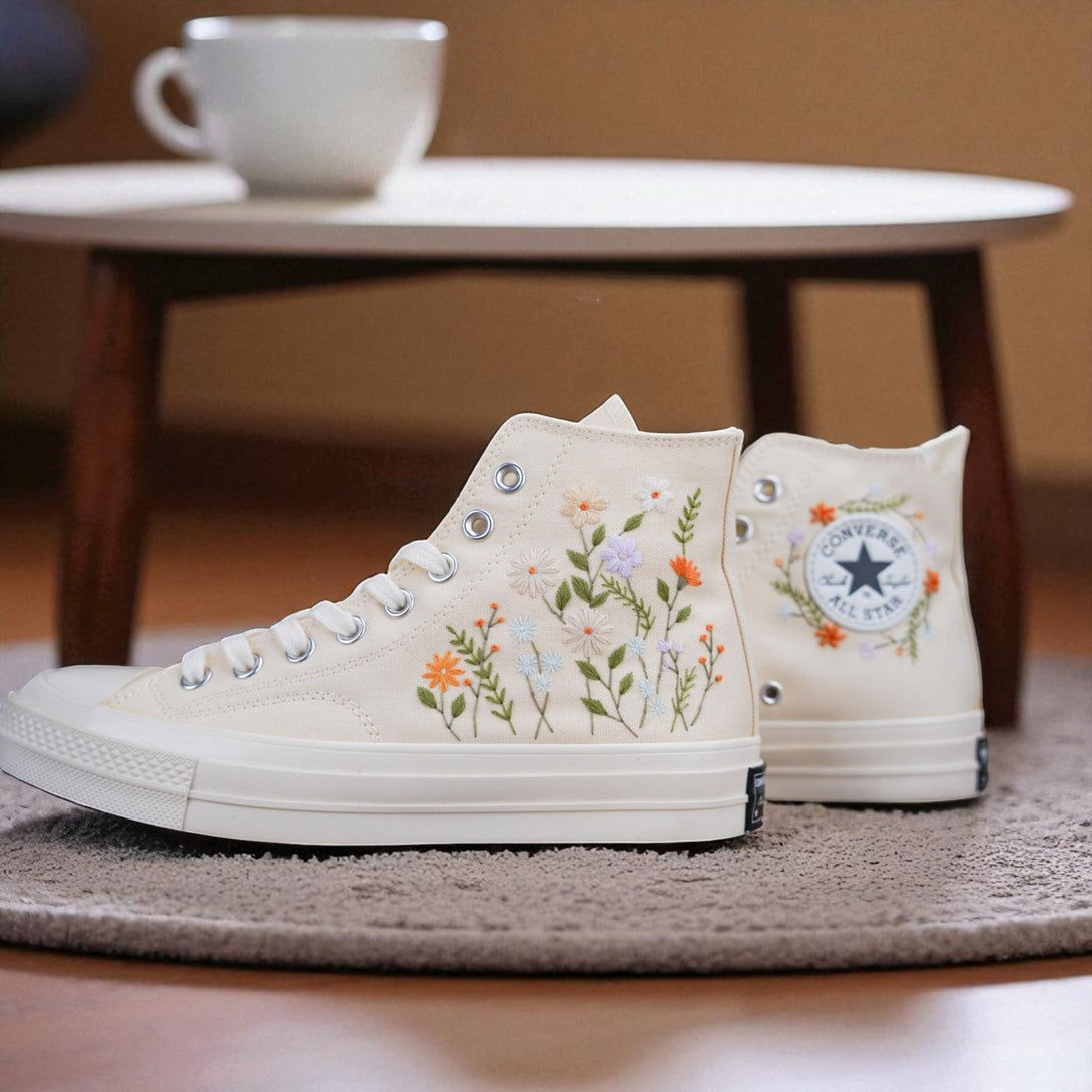 Stitchery Zone embroidered high-top shoes for wedding ladies with floral design on cream canvas
