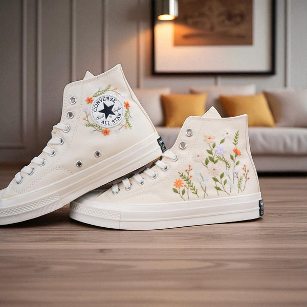 Stitchery Zone embroidered shoes for wedding ladies in white with floral designs on high-top sneakers