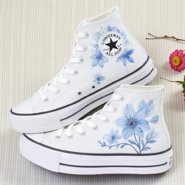 White Converse Shoes Wedding with delicate blue floral embroidery on high-top design