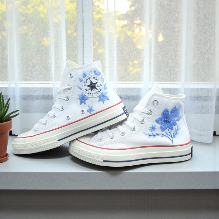 White Converse Shoes Wedding with Embroidered Blue Floral Design for Stylish Brides