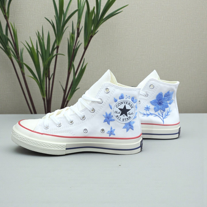 White Converse Shoes Wedding with Embroidered Blue Floral Design and Classic High-Top Style