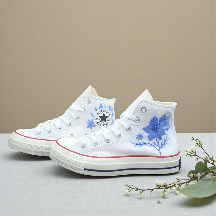 Embroidered Converse Shoes Wedding in white with floral designs, perfect for a unique bridal look