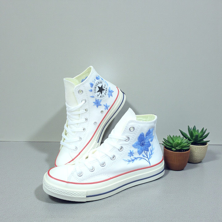 White Converse Shoes Wedding with Blue Floral Embroidery for Stylish Brides and Grooms