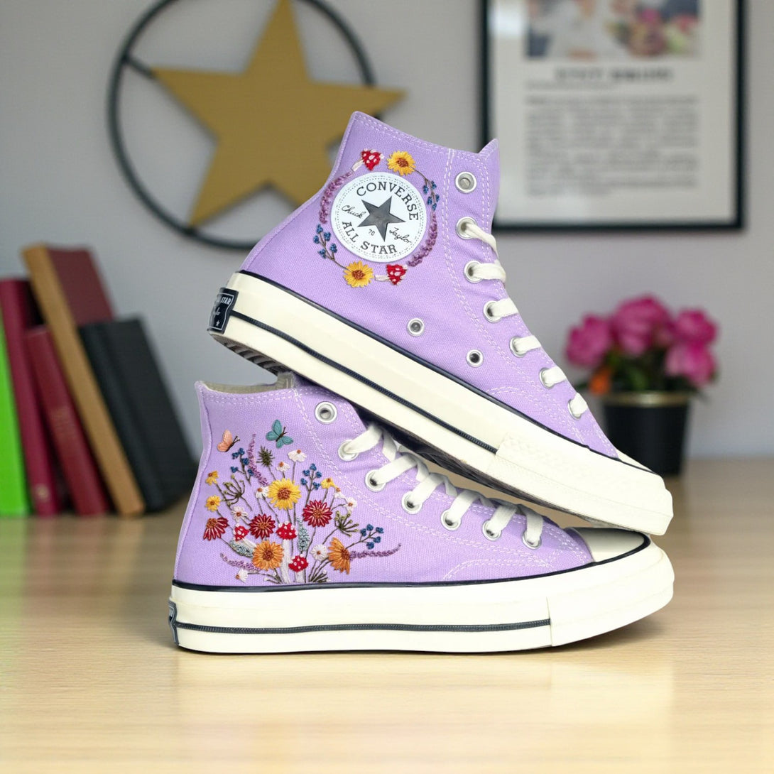 Converse embroidered shoes with mushrooms design in lavender color and floral details