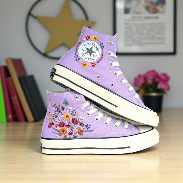 Converse embroidered shoes with mushrooms design in lavender color and floral details