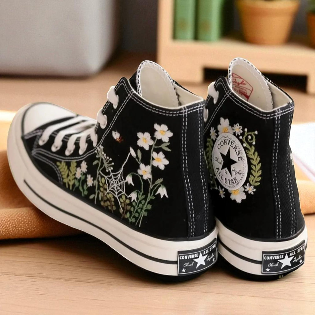 Spider Web Converse Adult Shoes with Floral Embroidery and Classic High-Top Design