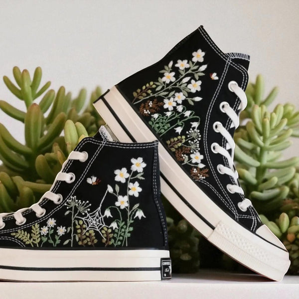Spider Web Converse Adult embroidered shoes with floral designs on a black canvas background
