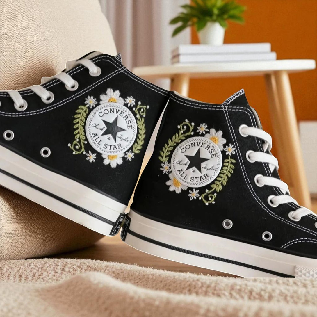 Black Spider Web Converse Adult Shoes with Floral Embroidery and Classic Chuck Taylor Design