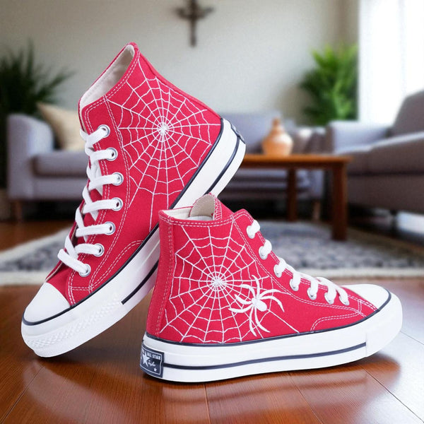 Spider Web Converse red embroidered high top shoes with white web and spider design on canvas for casual wear