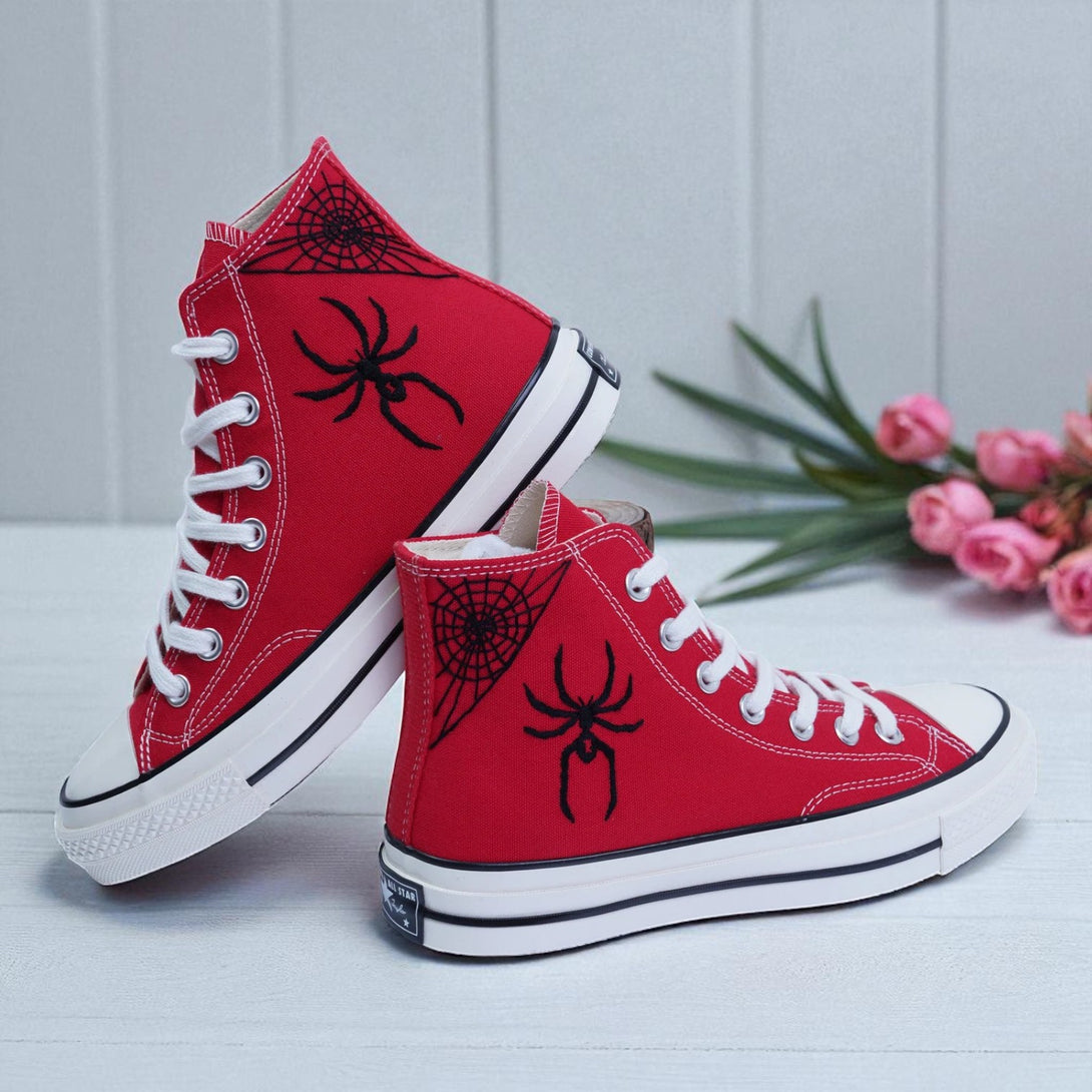 Converse embroidered shoes red high top with black spider and web embroidery Spider Web Shoes