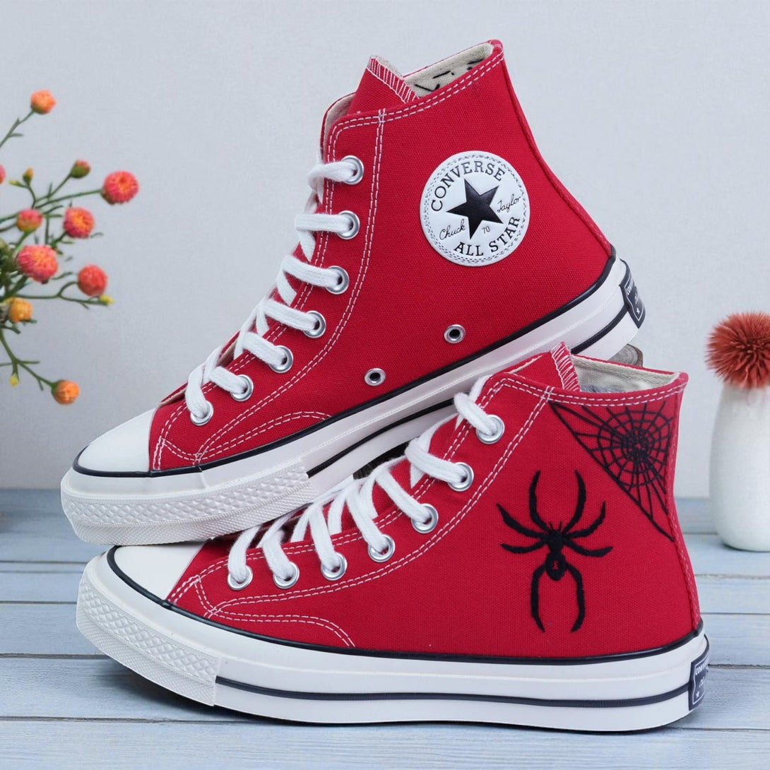 Converse embroidered high top red sneakers with black spider and web embroidery Spider Web Shoes for casual wear