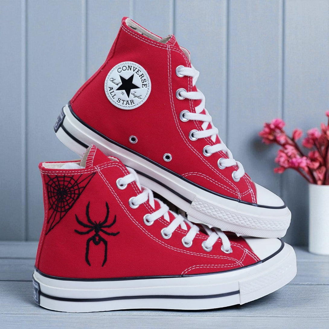 Converse red high top embroidered canvas shoes with black spider and web design Spider Web Shoes lace up All Star