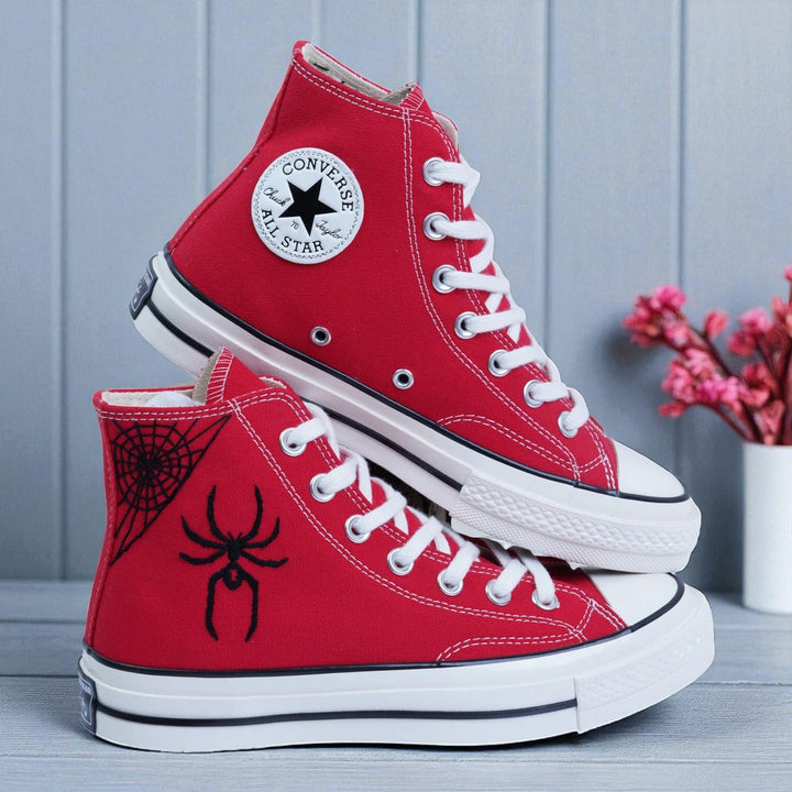 Converse red high top embroidered canvas shoes with black spider and web design Spider Web Shoes lace up All Star