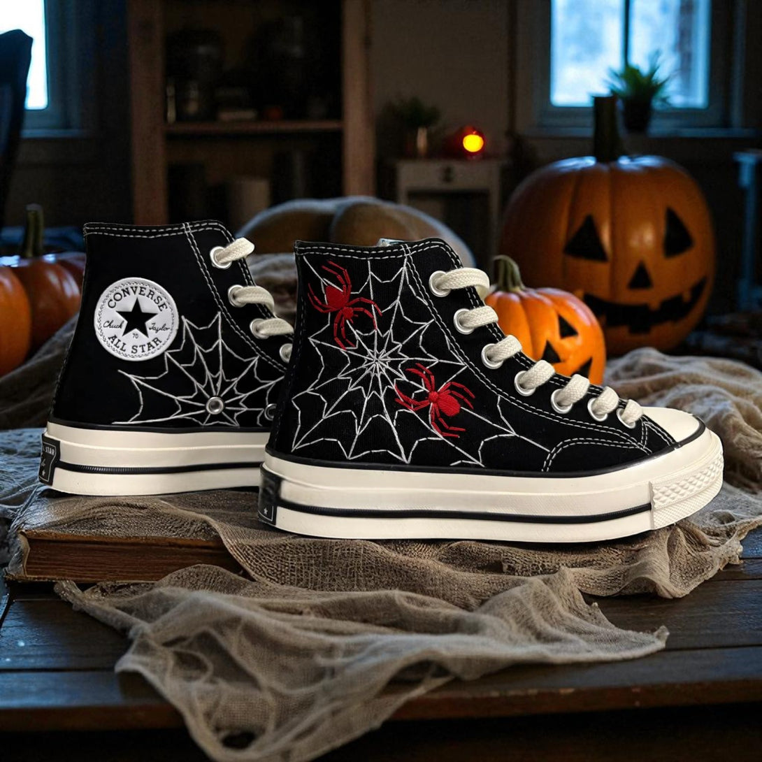 Spiderweb Converse embroidered black high top shoes with white spider web and red spider Halloween design