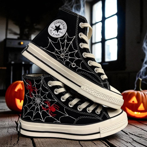 Spiderweb Converse black high top embroidered shoes with white spiderweb and red spider accents