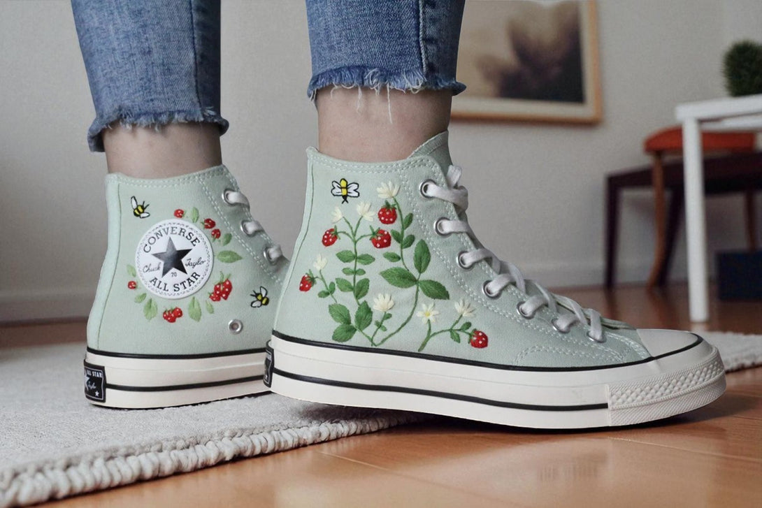 Stitchery Zone embroidered high top strawberry converse in mint green with floral strawberry embroidery