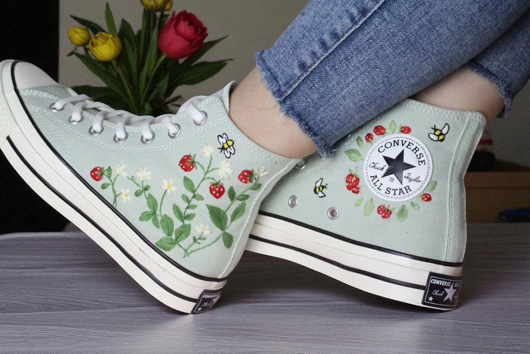 Stitchery Zone embroidered shoes mint high top strawberry converse with floral leaves and bees
