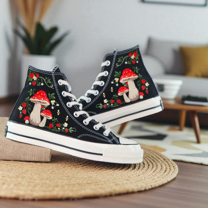 Strawberry Converse Women's shoes with vibrant embroidered mushrooms and floral designs
