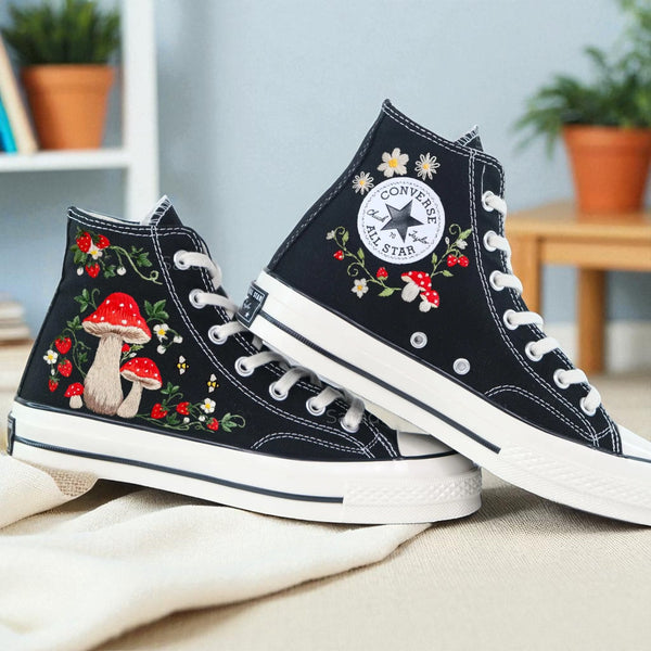 Black Strawberry Converse Women's Embroidered Shoes with Floral and Mushroom Designs