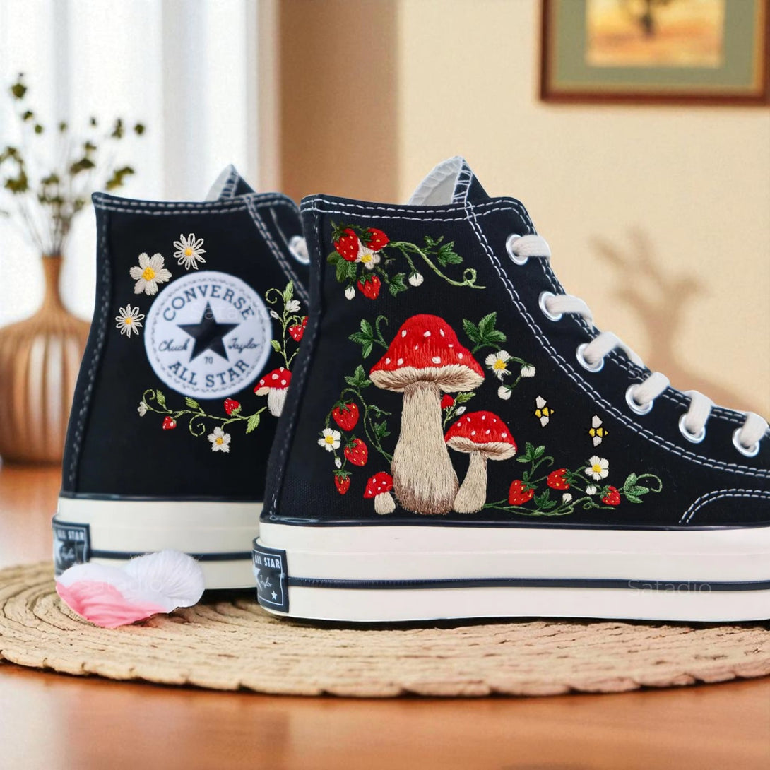 Strawberry Converse Women's Embroidered Shoes with Floral and Mushroom Design