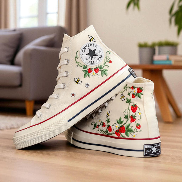 Strawberry Embroidered Converse high top sneakers by Stitchery Zone in cream with red strawberry and bee embroidery